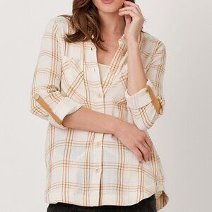 MYSTREE Plaid Cotton Button Down Shirt Cream Mustard Long Sleeve Lightweight
